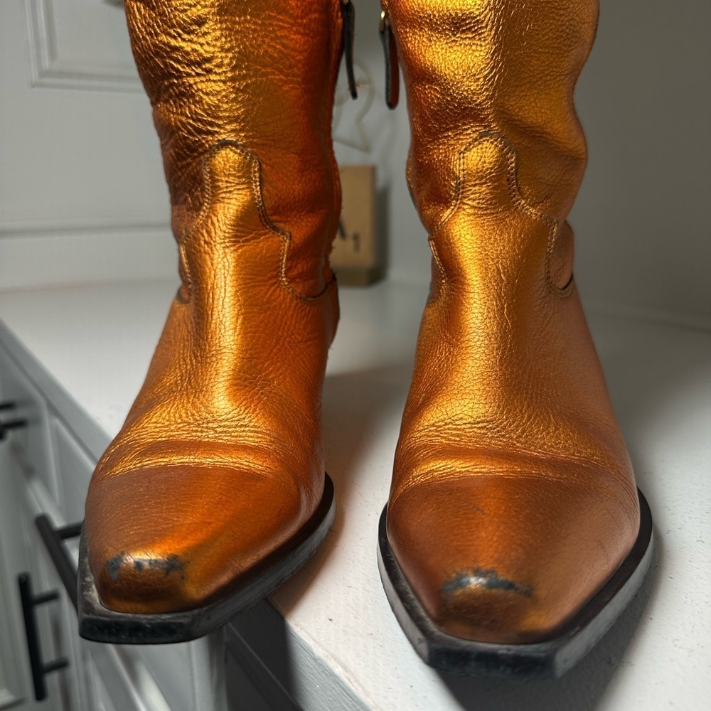 Feners Metallic Bronze Knee High Boots EU37 6.5/7 Pointed Toe Leather Western - Picture 4 of 10